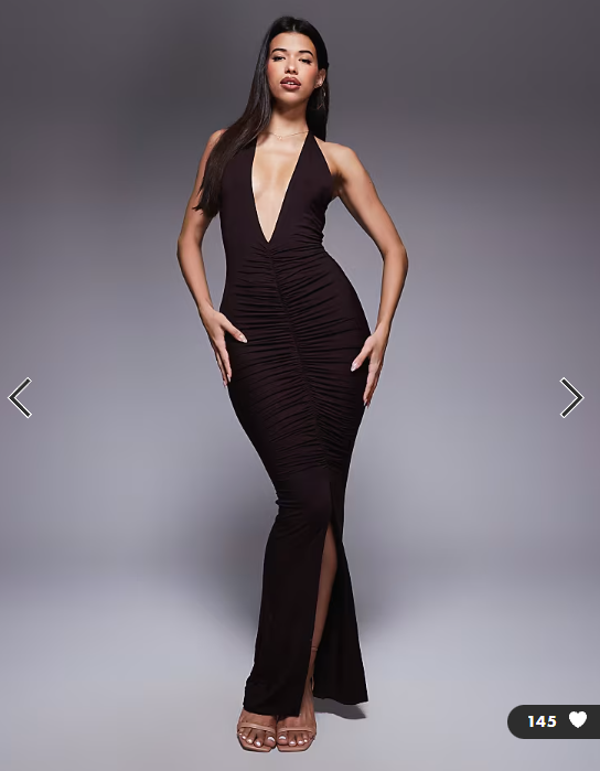 Wanderdoll sculpting second skin halterneck plunge ruched front split sleeveless maxi dress in chocolate