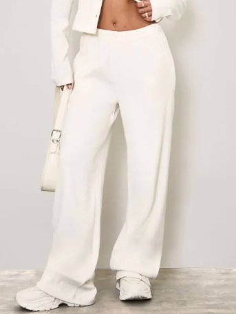 Mid Rise Wide Leg Trousers In Cream Ribbed