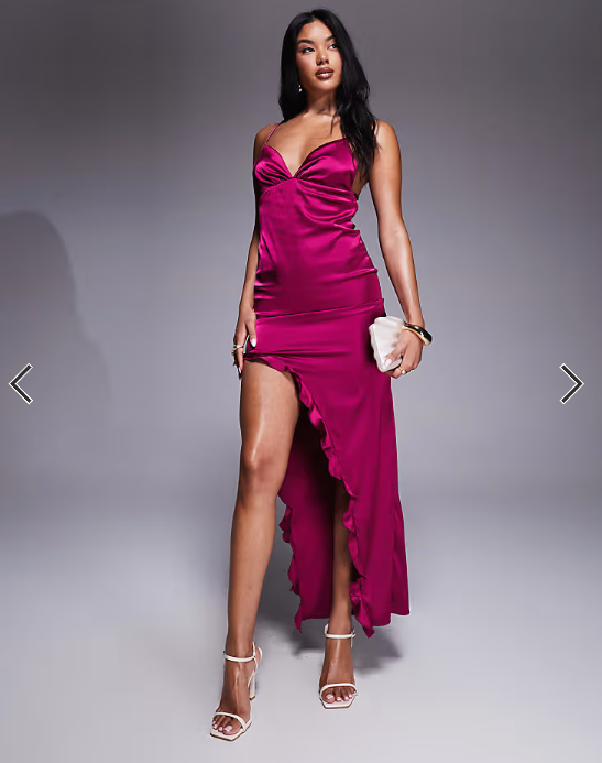 Missyempire satin cami open tie back ruffle side split maxi dress in dark pink