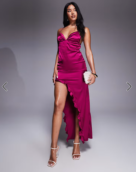 Missyempire satin cami open tie back ruffle side split maxi dress in dark pink