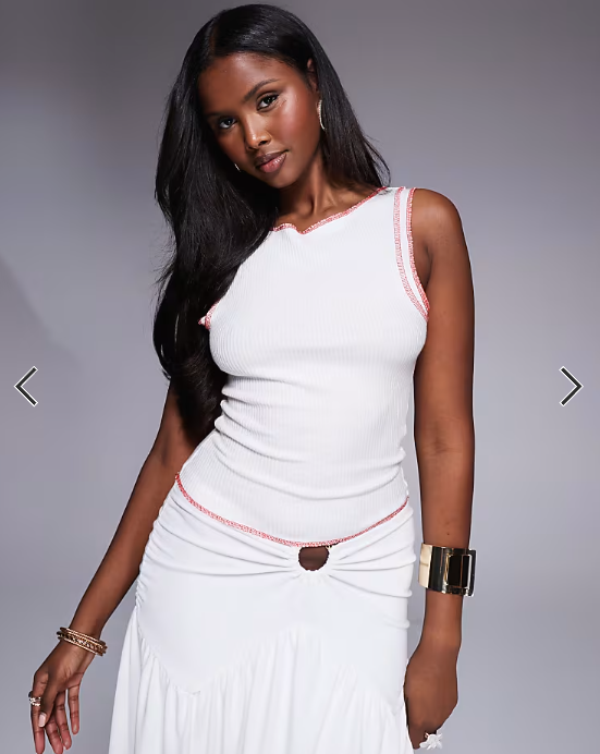 Princess Polly fine rib knit sleeveless contrast stitch tank top in white