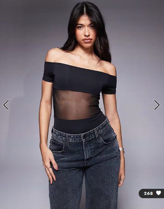 ASOS DESIGN bardot slinky mesh panel bodysuit in black