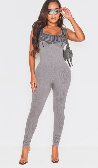 Shape Charcoal Grey Contour Rib Contrast Sleeveless Jumpsuit