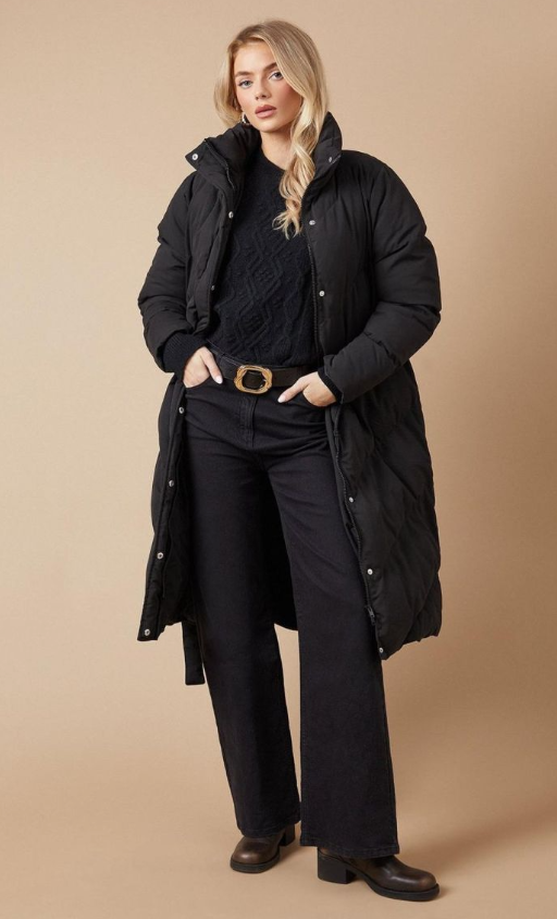 Oasis Belted Midi Padded Funnel Neck Coat