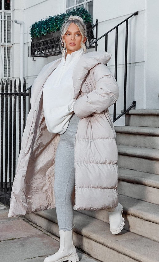 Taupe Chevron Quilted Maxi Puffer Coat