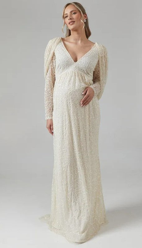 Maternity Cowl Back Long Sleeve Embellished Wedding Dress