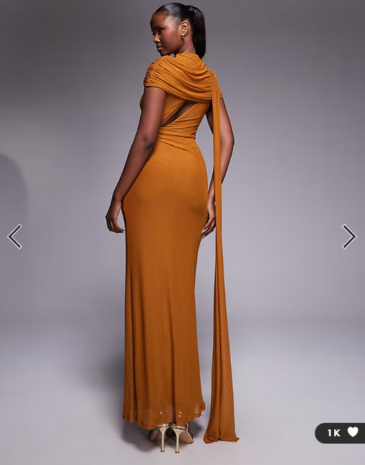 ASOS DESIGN mesh cape detail maxi dress with draped back in burnt yellow - YELLOW
