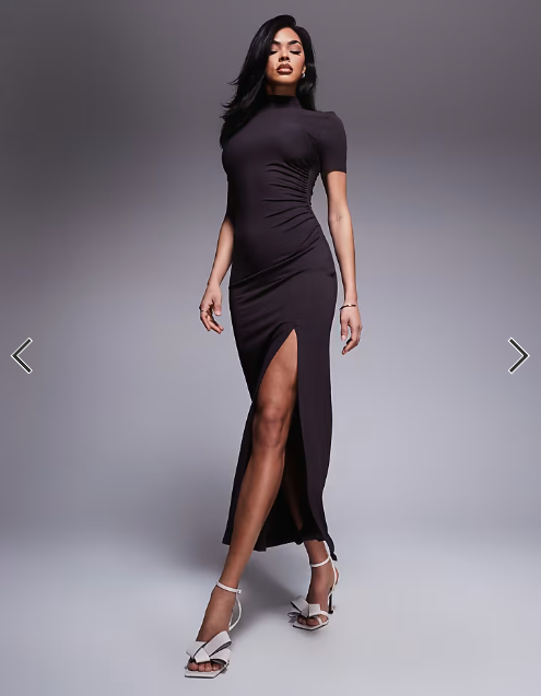 ASOS DESIGN high neck maxi dress with short sleeves and high split in chocolate