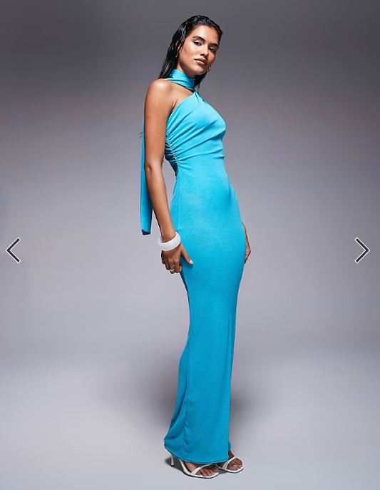 Kaiia exclusive one shoulder mesh scarf detail sheer maxi dress in aquamarine