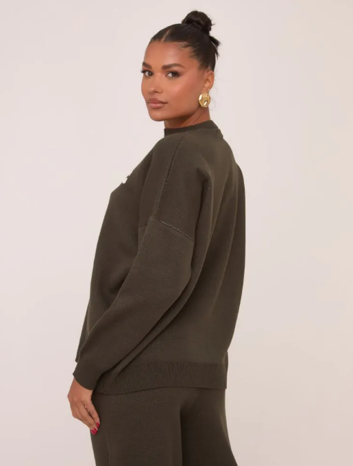 Ego - High Neck Oversized Contrast Swirl Detail Sweatshirt In Dark Khaki Green Knit