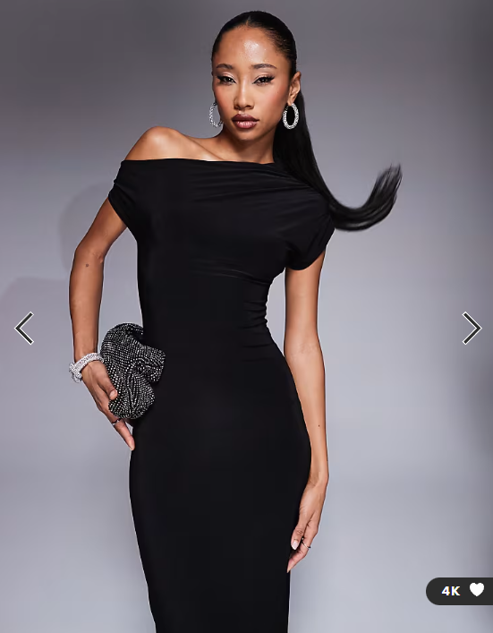 Kaiia exclusive double layered slinky drape off shoulder bodycon maxi dress in black