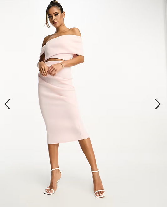 ASOS DESIGN off shoulder cut out midi dress with asymmetric hem in rosewater pink