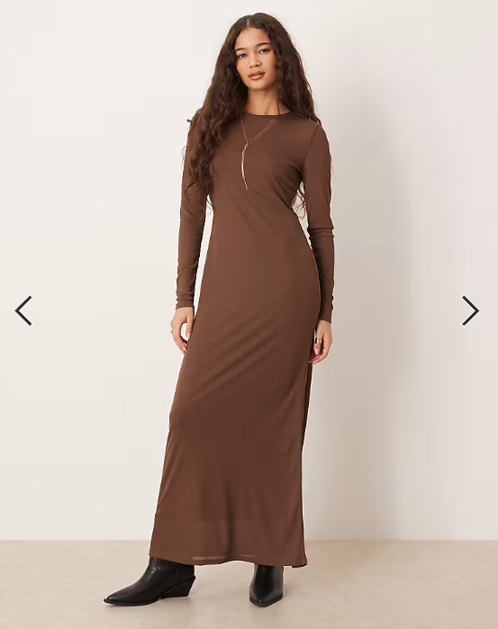 ASOS DESIGN long sleeve sheer double layered midi dress in chocolate