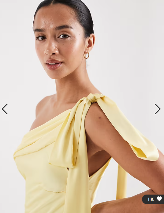 TFNC Petite Bridesmaids fallen shoulder satin maxi dress in yellow