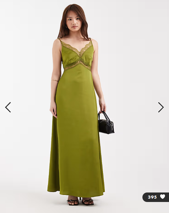 ONLY Petite satin feel maxi dress with lace detail in olive