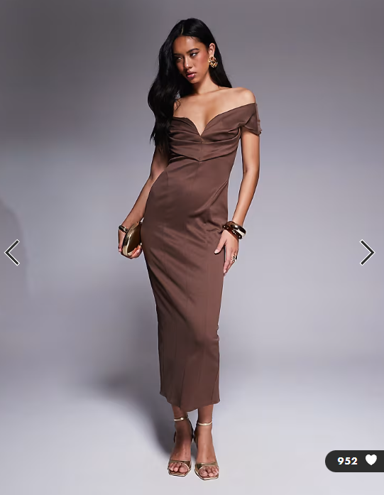 ASOS DESIGN sculpted bardot midi pencil dress with seam detailing in chocolate