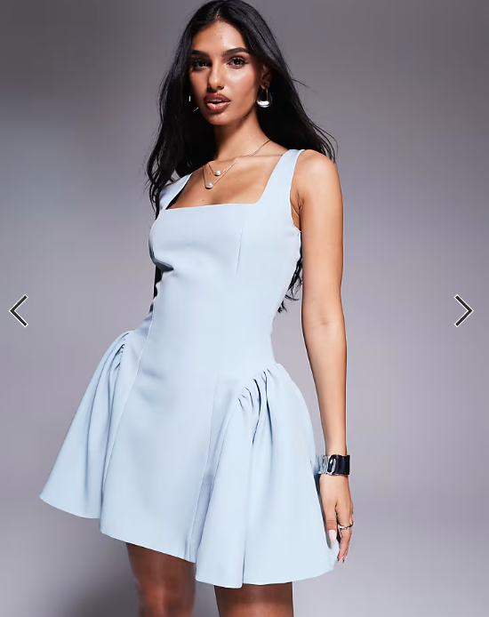 Wanderdoll Sabrina tailored square neck structured side pleat mini dress in baby blue