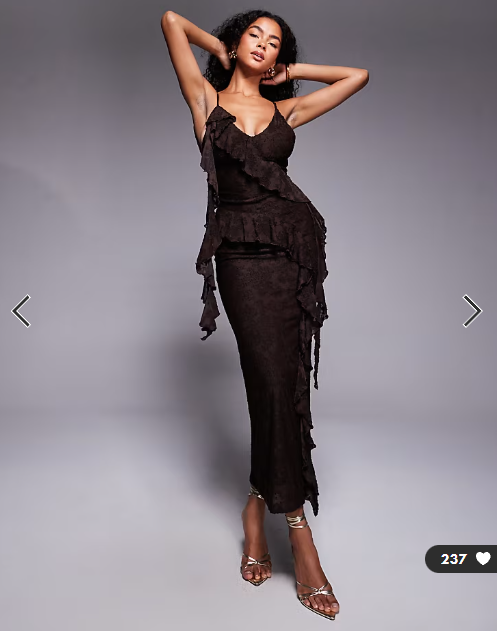 ASOS DESIGN devore lace ruffle strappy back maxi dress in chocolate