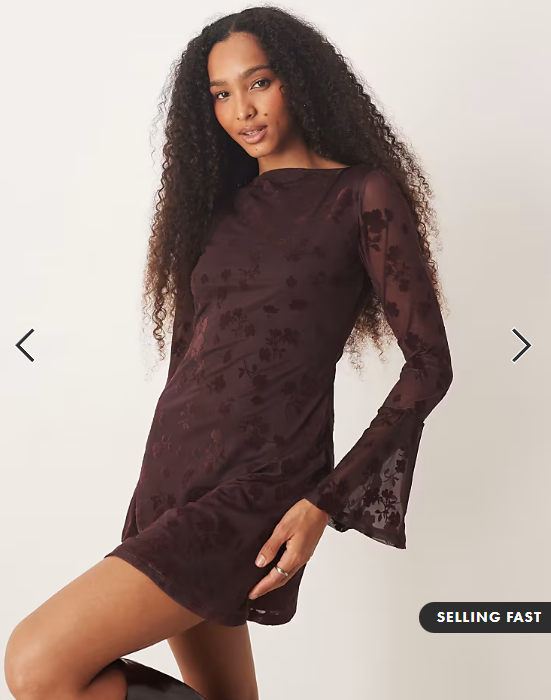 ASOS DESIGN flocked floral mini dress with flute sleeve in chocolate brown