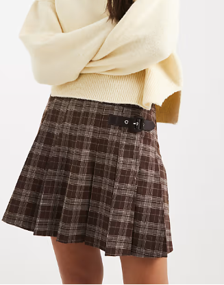 New Look check print buckle mini skirt in brown