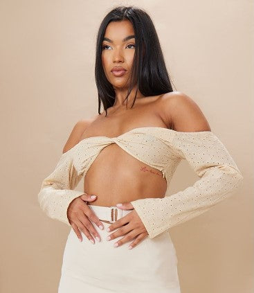 STONE BRODERIE TWIST FRONT LONG SLEEVE CROP TOP