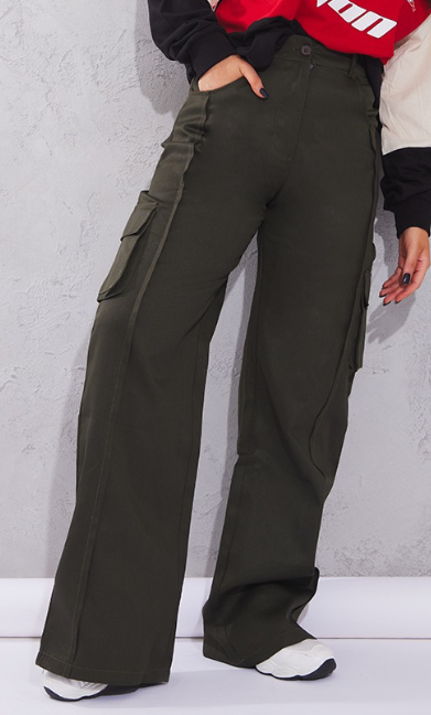 Khaki Twill High Waist Side Pocket Wide Leg Pants