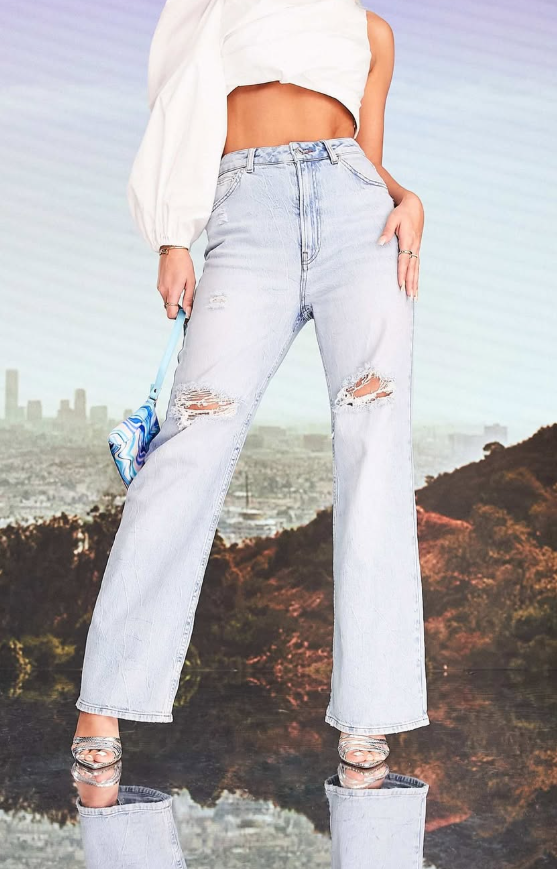 ASOS DESIGN × MILLIE wide leg ripped knee jean in light wash blue