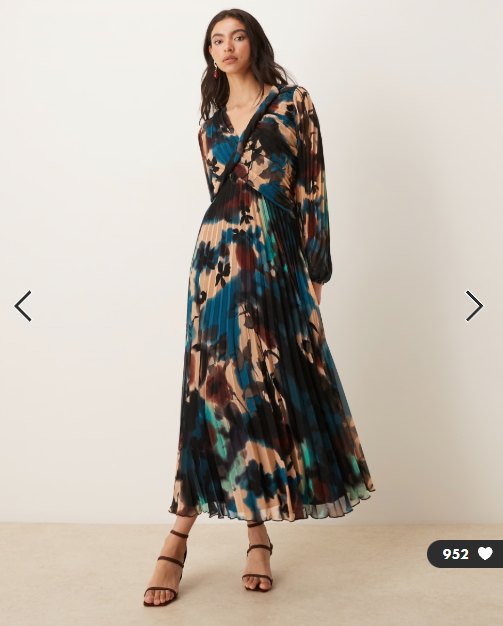 ASOS DESIGN twist detail wrap front pleated midi dress in blue abstract print