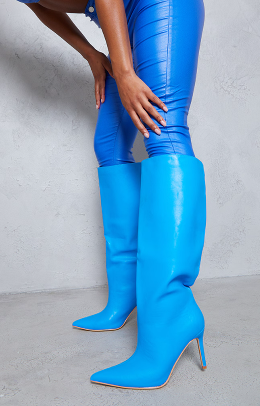 Blue PU Detail Point Toe Stiletto Heeled Knee Boots