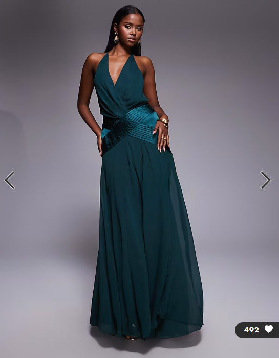 ASOS DESIGN halter wrap godet semi sheer panelled maxi dress with beaded straps in green