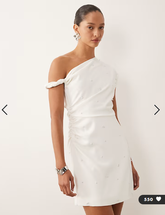 Six Stories Bridal fallen shoulder pearl detail mini dress in white