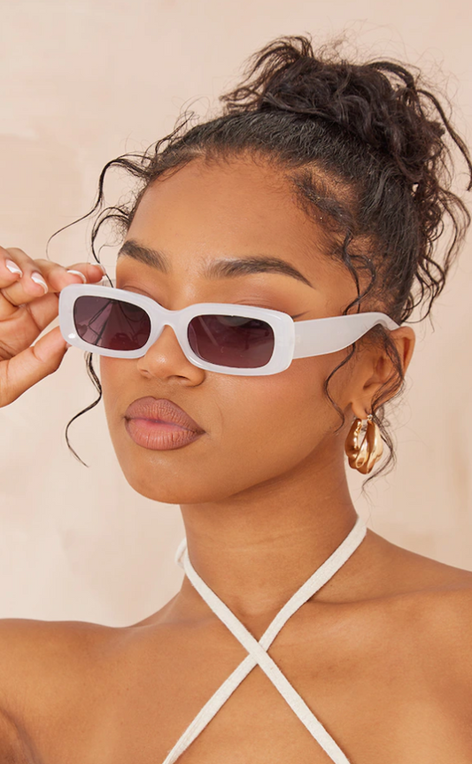 White Rectangular Slim Frame Sunglasses