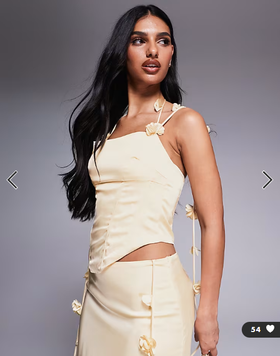 Wanderdoll Esmerelda premium satin flower detail halterneck corset top in lemon - part of a set