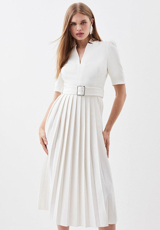 Tailored Structured Crepe Forever Pleat Midi Dress