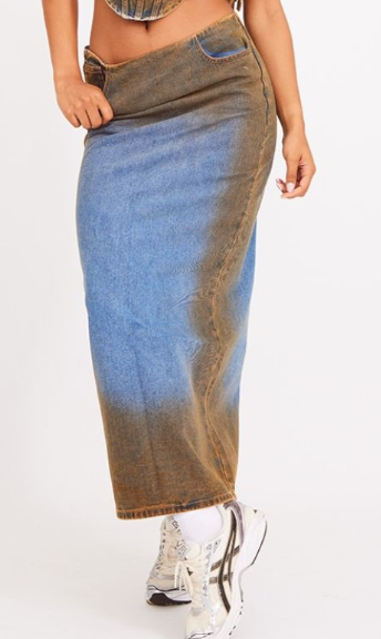 Plt - Indigo Blue Wash Overdyed Denim Midi Skirt