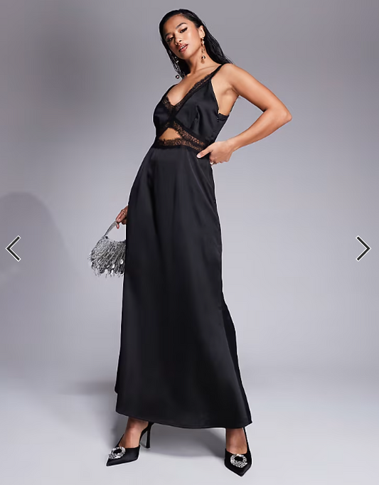 Never Fully Dressed Petite Mimi lace cut-out slip maxi dress in black