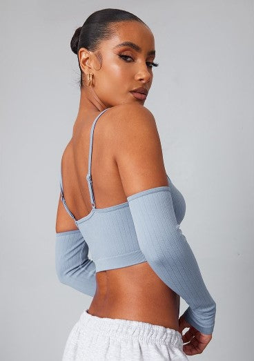 Washed Blue Wide Contour Rib Cold Shoulder Crop Top