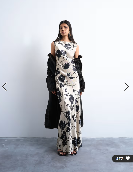 Topshop open back satin midi dress in black white floral