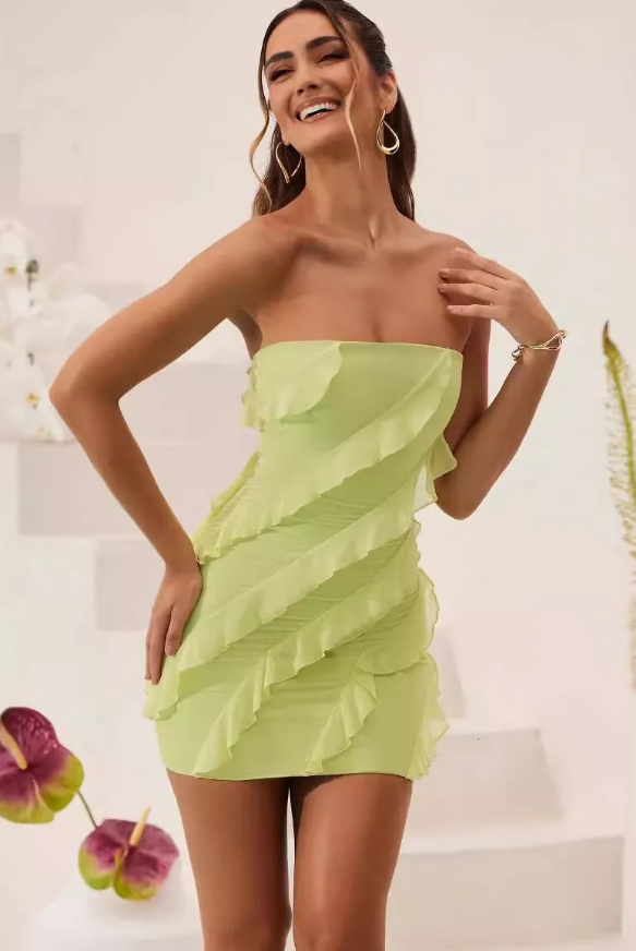 Oh Polly - Bandeau Ruffle Detail Mini Dress in Vanilla