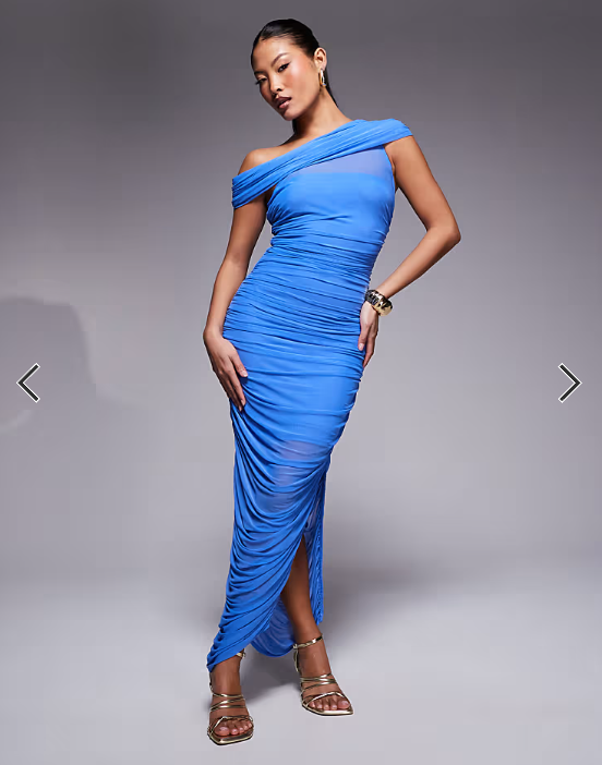 Ever New Petite mesh ruched asymmetric midaxi dress in deep blue