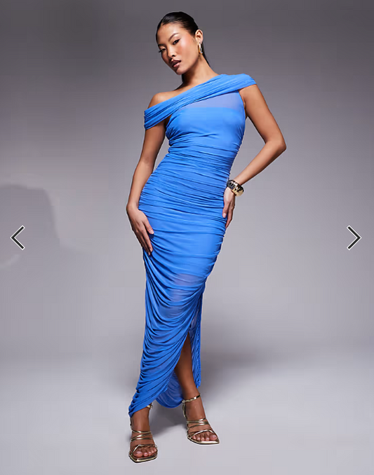 Ever New Petite mesh ruched asymmetric midaxi dress in deep blue
