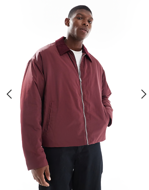 ASOS DESIGN oversized jacket with cord collar in burgundy