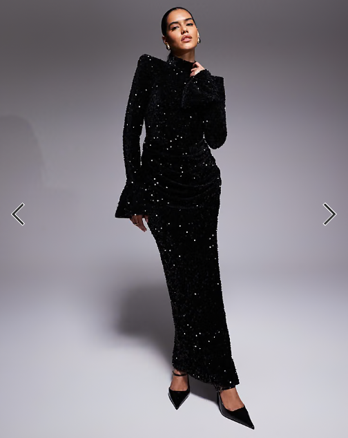 ASOS LUXE velvet sequin maxi dress with drape waist in black