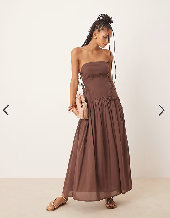 ASOS DESIGN dropped waist bandeau maxi sundress with lace up side in chocolate
