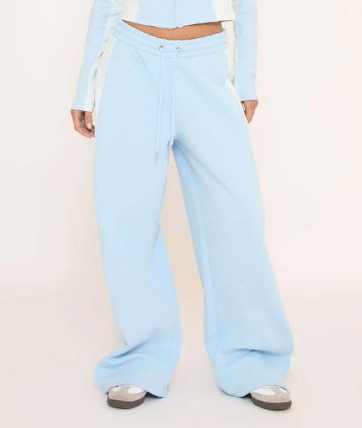 Tie Waist Contrast Side Stripe Wide Leg Joggers In Baby Blue