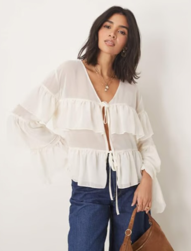 ASOS DESIGN chiffon boho ruffle blouse in cream