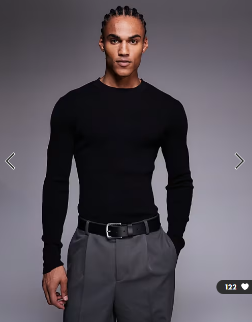 ASOS DESIGN Essential muscle fit fine-rib knit crew neck T-shirt in black.