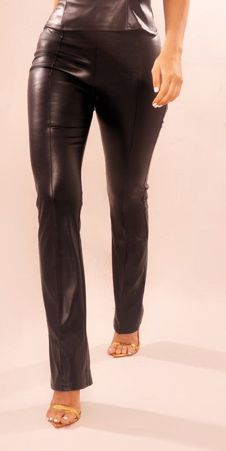 Black Faux Leather Pintuck Straight Leg Trousers