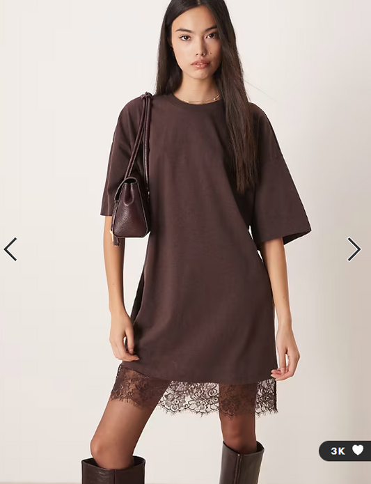 ASOS DESIGN oversized mini dress with lace hem trim in chocolate