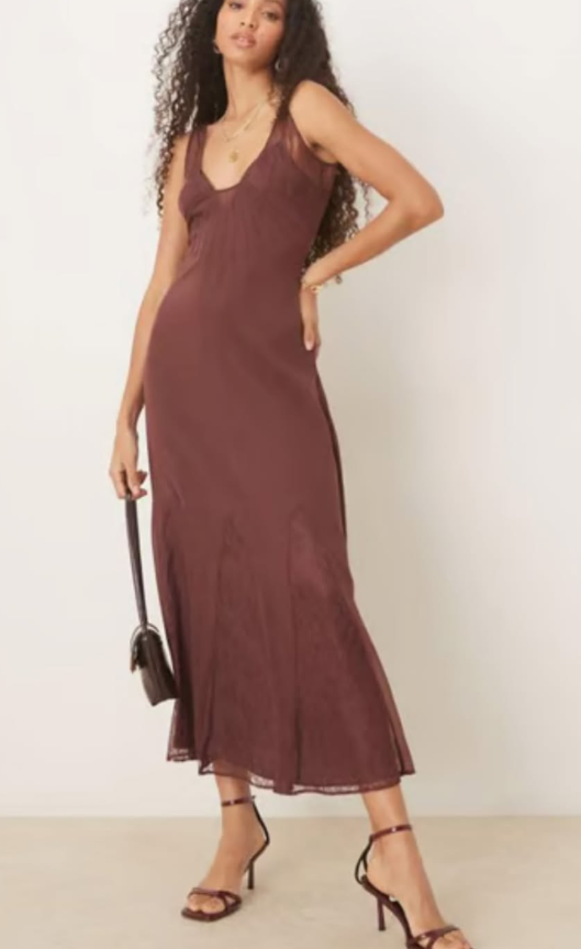 ASOS DESIGN lace and chiffon midi dress with godets in chocolate brown